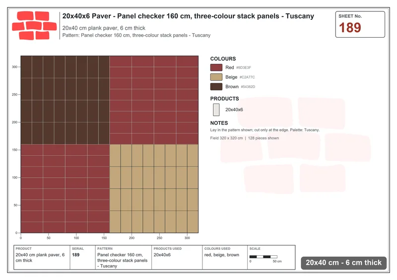 Interlock (Pasco) 20x40 cm · RC24-189 · Panel checker 160 cm, three-colour stack panels - Tuscany · Laying plan Interlock (Pasco) 20x40 cm · RC24-189 · Panel checker 160 cm, three-colour stack panels - Tuscany · Laying plan
