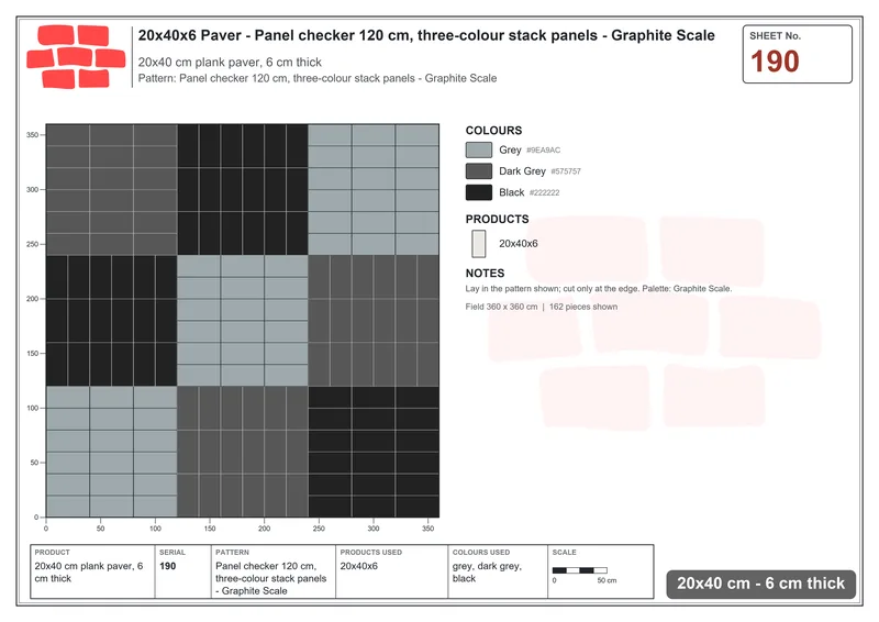 Interlock (Pasco) 20x40 cm · RC24-190 · Panel checker 120 cm, three-colour stack panels - Graphite Scale · Laying plan Interlock (Pasco) 20x40 cm · RC24-190 · Panel checker 120 cm, three-colour stack panels - Graphite Scale · Laying plan