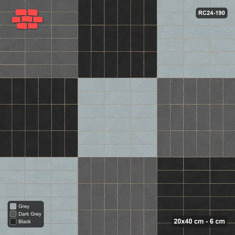 Interlock (Pasco) 20x40 cm · RC24-190 · Panel checker 120 cm, three-colour stack panels - Graphite Scale · Top view Interlock (Pasco) 20x40 cm · RC24-190 · Panel checker 120 cm, three-colour stack panels - Graphite Scale · Top view