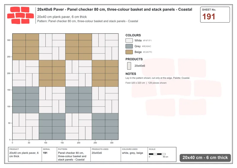 Interlock (Pasco) 20x40 cm · RC24-191 · Panel checker 80 cm, three-colour basket and stack panels - Coastal · Laying plan Interlock (Pasco) 20x40 cm · RC24-191 · Panel checker 80 cm, three-colour basket and stack panels - Coastal · Laying plan