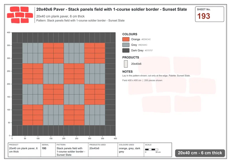 Interlock (Pasco) 20x40 cm · RC24-193 · Stack panels field with 1-course soldier border - Sunset Slate · Laying plan Interlock (Pasco) 20x40 cm · RC24-193 · Stack panels field with 1-course soldier border - Sunset Slate · Laying plan