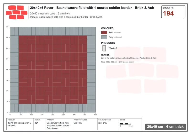 Interlock (Pasco) 20x40 cm · RC24-194 · Basketweave field with 1-course soldier border - Brick & Ash · Laying plan Interlock (Pasco) 20x40 cm · RC24-194 · Basketweave field with 1-course soldier border - Brick & Ash · Laying plan