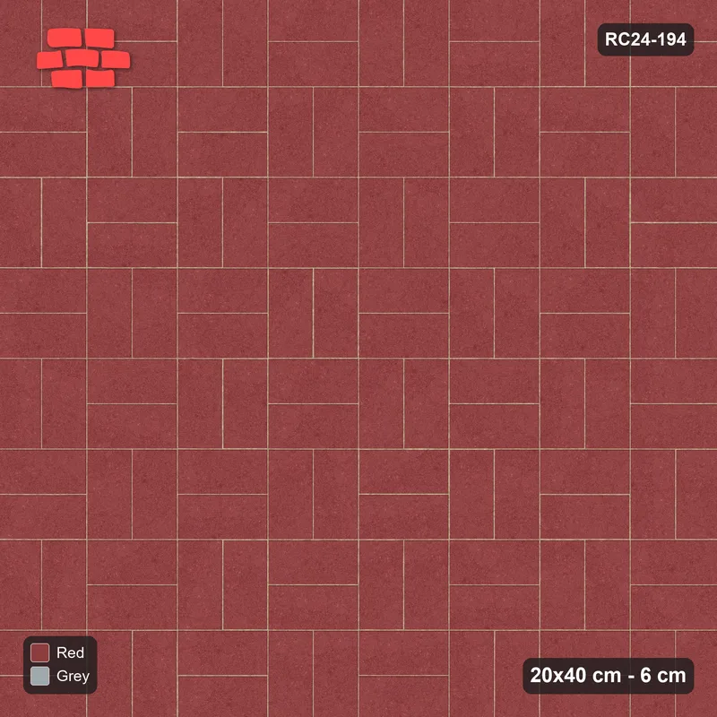 Interlock (Pasco) 20x40 cm · RC24-194 · Basketweave field with 1-course soldier border - Brick & Ash · Top view Interlock (Pasco) 20x40 cm · RC24-194 · Basketweave field with 1-course soldier border - Brick & Ash · Top view