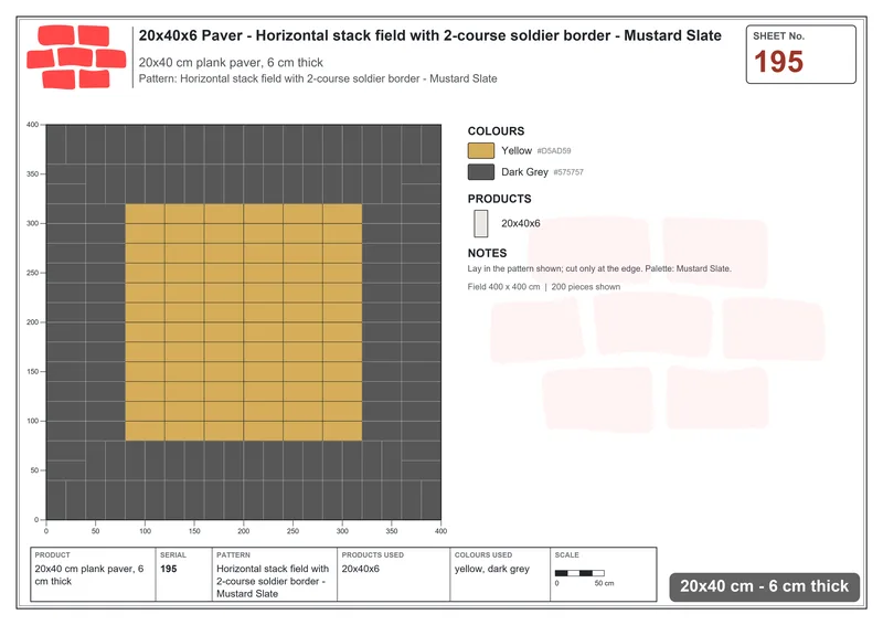 Interlock (Pasco) 20x40 cm · RC24-195 · Horizontal stack field with 2-course soldier border - Mustard Slate · Laying plan Interlock (Pasco) 20x40 cm · RC24-195 · Horizontal stack field with 2-course soldier border - Mustard Slate · Laying plan