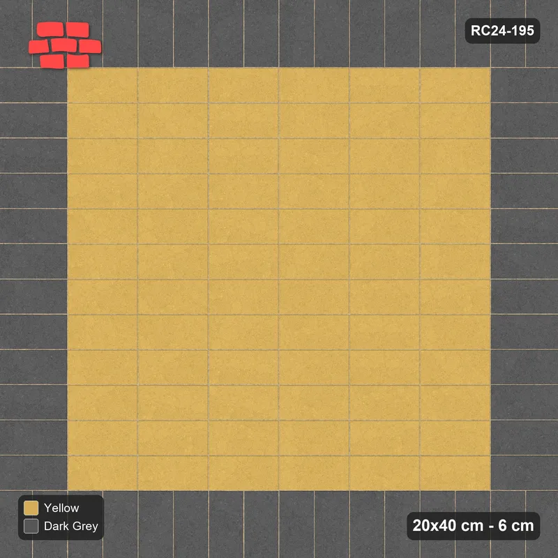Interlock (Pasco) 20x40 cm · RC24-195 · Horizontal stack field with 2-course soldier border - Mustard Slate · Top view Interlock (Pasco) 20x40 cm · RC24-195 · Horizontal stack field with 2-course soldier border - Mustard Slate · Top view