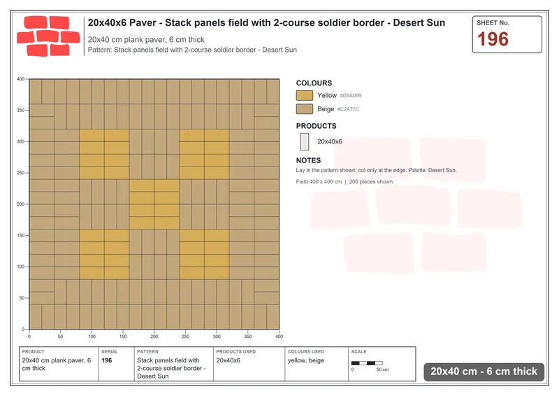 Interlock (Pasco) 20x40 cm · RC24-196 · Stack panels field with 2-course soldier border - Desert Sun · Laying plan Interlock (Pasco) 20x40 cm · RC24-196 · Stack panels field with 2-course soldier border - Desert Sun · Laying plan