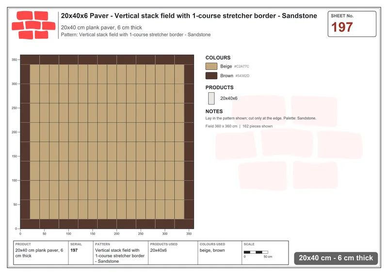 Interlock (Pasco) 20x40 cm · RC24-197 · Vertical stack field with 1-course stretcher border - Sandstone · Laying plan Interlock (Pasco) 20x40 cm · RC24-197 · Vertical stack field with 1-course stretcher border - Sandstone · Laying plan
