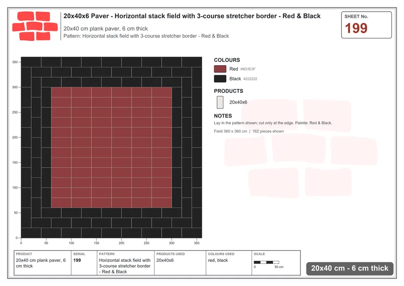 Interlock (Pasco) 20x40 cm · RC24-199 · Horizontal stack field with 3-course stretcher border - Red & Black · Laying plan Interlock (Pasco) 20x40 cm · RC24-199 · Horizontal stack field with 3-course stretcher border - Red & Black · Laying plan