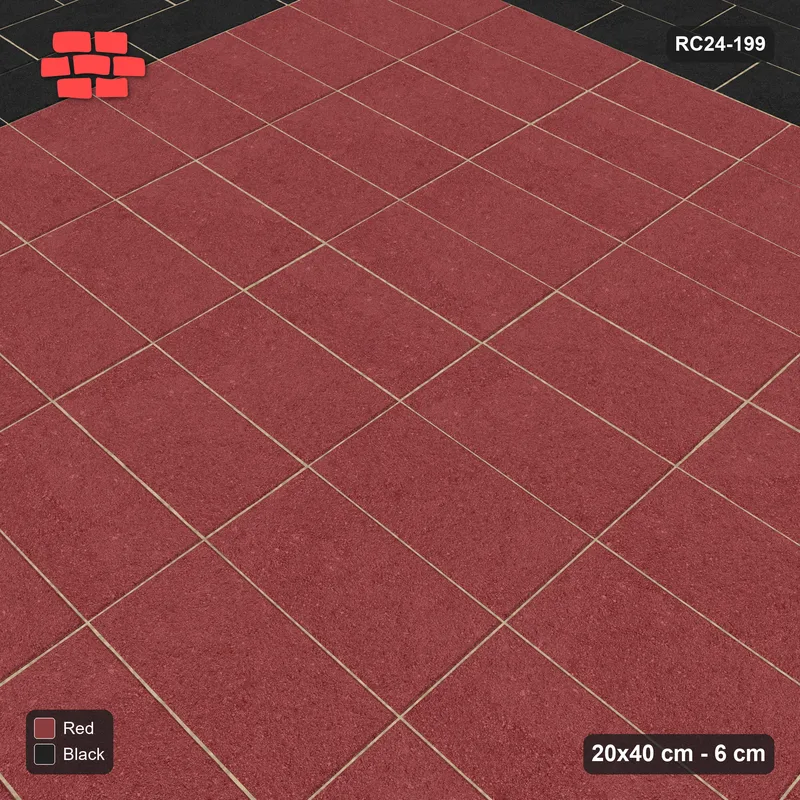 Interlock (Pasco) 20x40 cm · RC24-199 · Horizontal stack field with 3-course stretcher border - Red & Black · Side view Interlock (Pasco) 20x40 cm · RC24-199 · Horizontal stack field with 3-course stretcher border - Red & Black · Side view