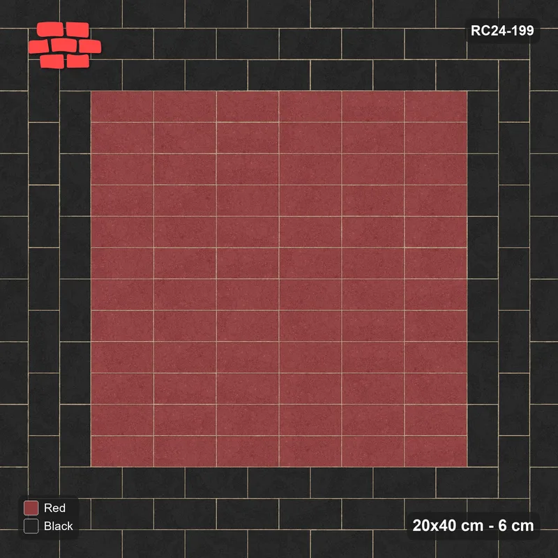 Interlock (Pasco) 20x40 cm · RC24-199 · Horizontal stack field with 3-course stretcher border - Red & Black · Top view Interlock (Pasco) 20x40 cm · RC24-199 · Horizontal stack field with 3-course stretcher border - Red & Black · Top view