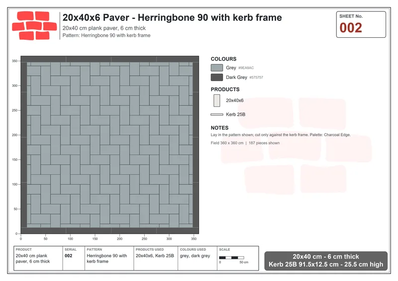 Interlock (Pasco) 20x40 cm · RC24-2 · Herringbone 90 with kerb frame · Laying plan Interlock (Pasco) 20x40 cm · RC24-2 · Herringbone 90 with kerb frame · Laying plan