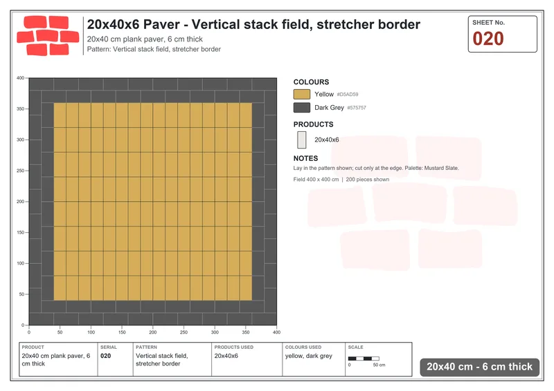 Interlock (Pasco) 20x40 cm · RC24-20 · Vertical stack field, stretcher border · Laying plan Interlock (Pasco) 20x40 cm · RC24-20 · Vertical stack field, stretcher border · Laying plan