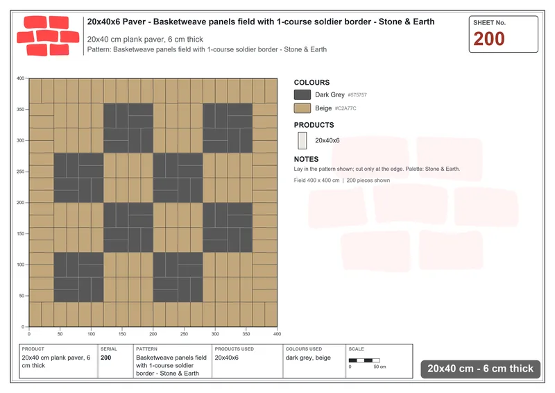 Interlock (Pasco) 20x40 cm · RC24-200 · Basketweave panels field with 1-course soldier border - Stone & Earth · Laying plan Interlock (Pasco) 20x40 cm · RC24-200 · Basketweave panels field with 1-course soldier border - Stone & Earth · Laying plan
