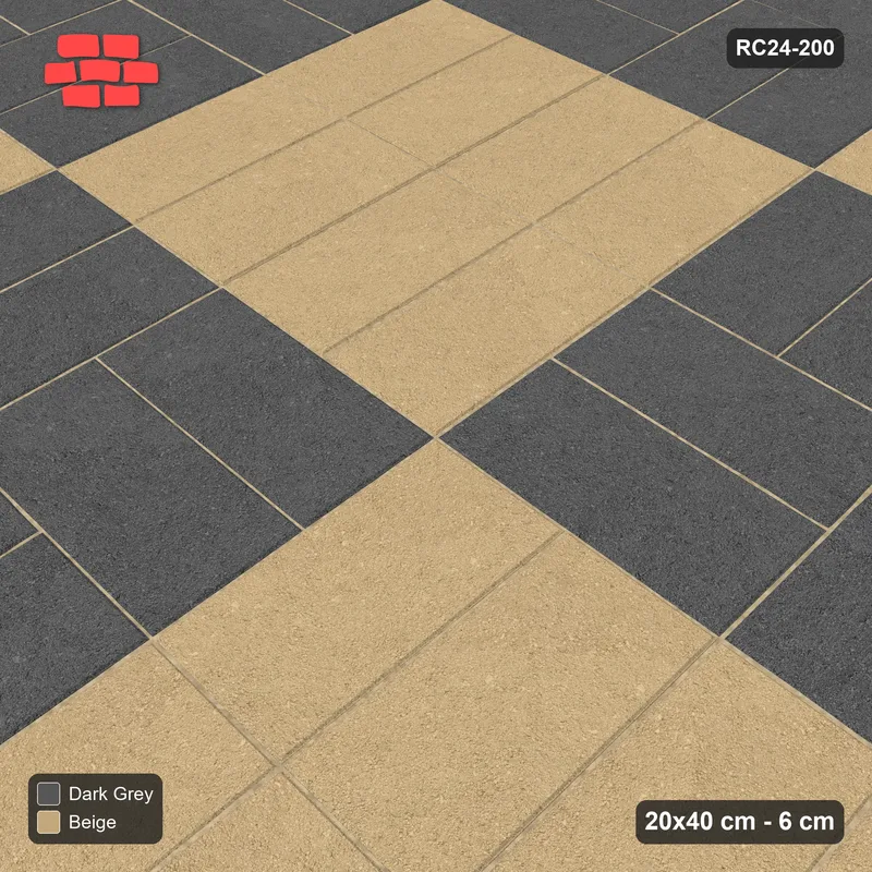 Interlock (Pasco) 20x40 cm · RC24-200 · Basketweave panels field with 1-course soldier border - Stone & Earth · Side view Interlock (Pasco) 20x40 cm · RC24-200 · Basketweave panels field with 1-course soldier border - Stone & Earth · Side view