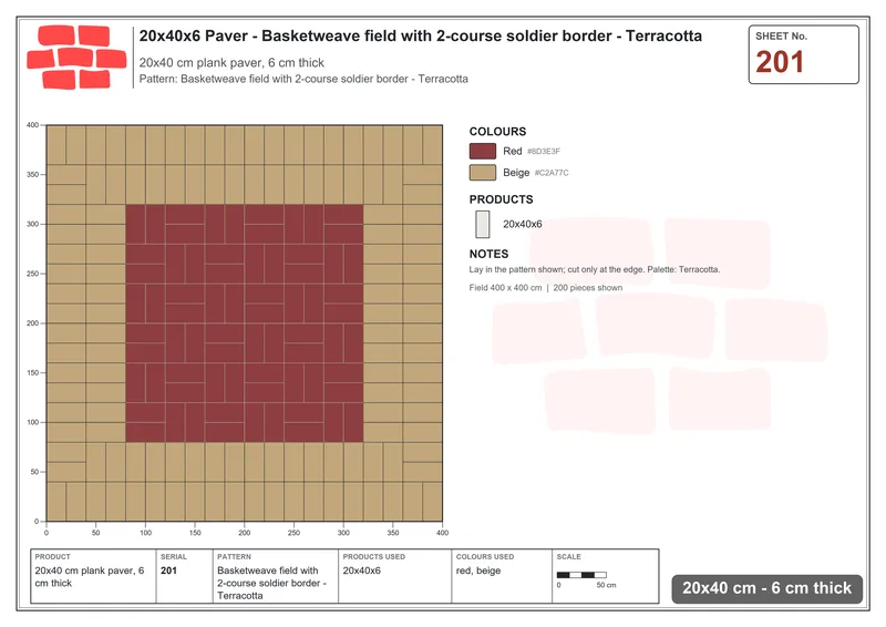Interlock (Pasco) 20x40 cm · RC24-201 · Basketweave field with 2-course soldier border - Terracotta · Laying plan Interlock (Pasco) 20x40 cm · RC24-201 · Basketweave field with 2-course soldier border - Terracotta · Laying plan