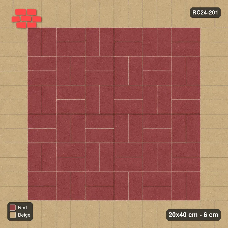 Interlock (Pasco) 20x40 cm · RC24-201 · Basketweave field with 2-course soldier border - Terracotta · Top view Interlock (Pasco) 20x40 cm · RC24-201 · Basketweave field with 2-course soldier border - Terracotta · Top view