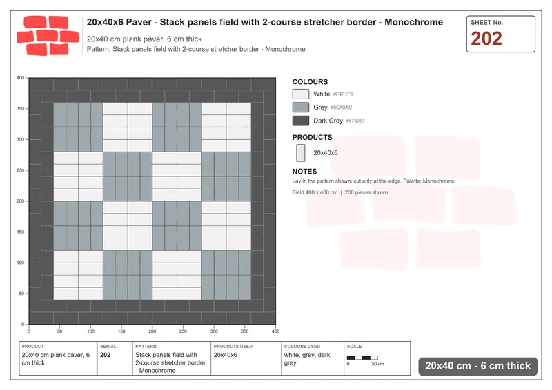 Interlock (Pasco) 20x40 cm · RC24-202 · Stack panels field with 2-course stretcher border - Monochrome · Laying plan Interlock (Pasco) 20x40 cm · RC24-202 · Stack panels field with 2-course stretcher border - Monochrome · Laying plan
