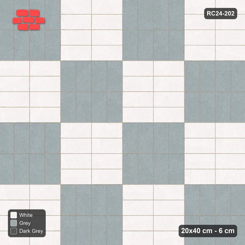 Interlock (Pasco) 20x40 cm · RC24-202 · Stack panels field with 2-course stretcher border - Monochrome · Top view Interlock (Pasco) 20x40 cm · RC24-202 · Stack panels field with 2-course stretcher border - Monochrome · Top view