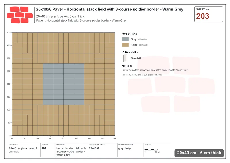 Interlock (Pasco) 20x40 cm · RC24-203 · Horizontal stack field with 3-course soldier border - Warm Grey · Laying plan Interlock (Pasco) 20x40 cm · RC24-203 · Horizontal stack field with 3-course soldier border - Warm Grey · Laying plan