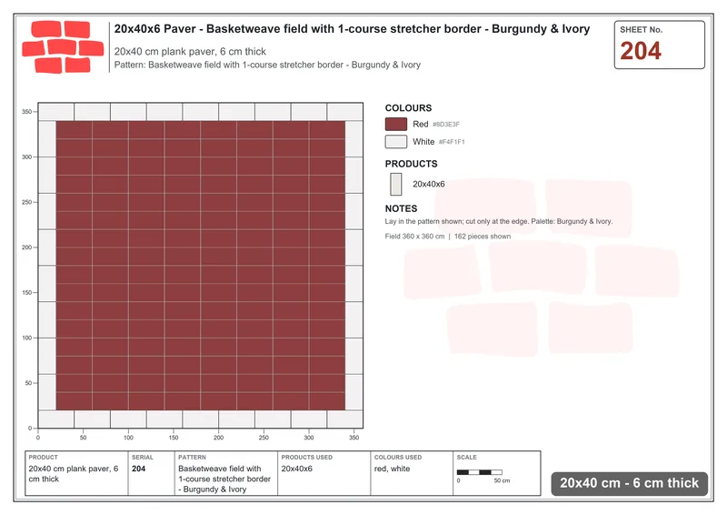 Interlock (Pasco) 20x40 cm · RC24-204 · Basketweave field with 1-course stretcher border - Burgundy & Ivory · Laying plan Interlock (Pasco) 20x40 cm · RC24-204 · Basketweave field with 1-course stretcher border - Burgundy & Ivory · Laying plan