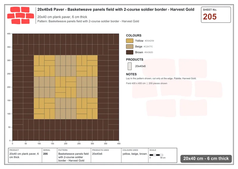 Interlock (Pasco) 20x40 cm · RC24-205 · Basketweave panels field with 2-course soldier border - Harvest Gold · Laying plan Interlock (Pasco) 20x40 cm · RC24-205 · Basketweave panels field with 2-course soldier border - Harvest Gold · Laying plan