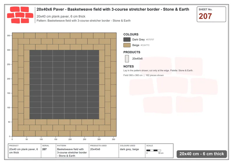 Interlock (Pasco) 20x40 cm · RC24-207 · Basketweave field with 3-course stretcher border - Stone & Earth · Laying plan Interlock (Pasco) 20x40 cm · RC24-207 · Basketweave field with 3-course stretcher border - Stone & Earth · Laying plan