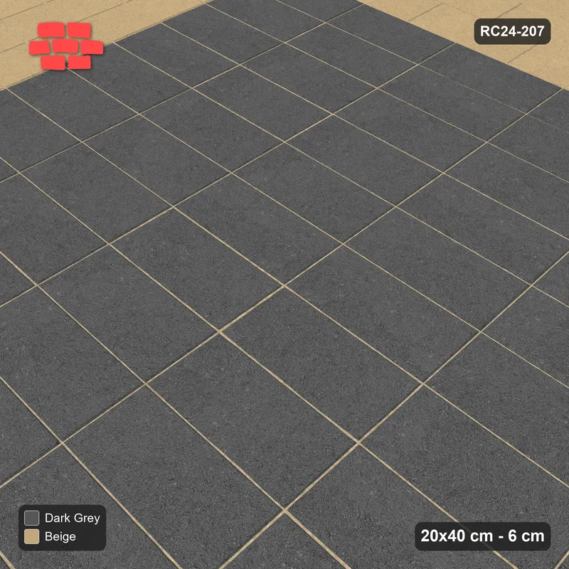 Interlock (Pasco) 20x40 cm · RC24-207 · Basketweave field with 3-course stretcher border - Stone & Earth · Side view Interlock (Pasco) 20x40 cm · RC24-207 · Basketweave field with 3-course stretcher border - Stone & Earth · Side view