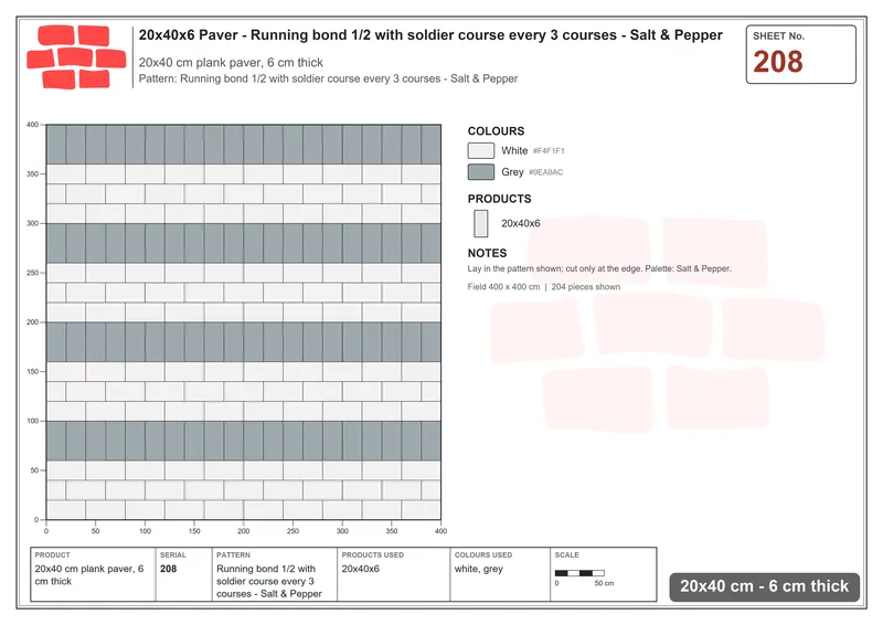 Interlock (Pasco) 20x40 cm · RC24-208 · Running bond 1/2 with soldier course every 3 courses - Salt & Pepper · Laying plan Interlock (Pasco) 20x40 cm · RC24-208 · Running bond 1/2 with soldier course every 3 courses - Salt & Pepper · Laying plan
