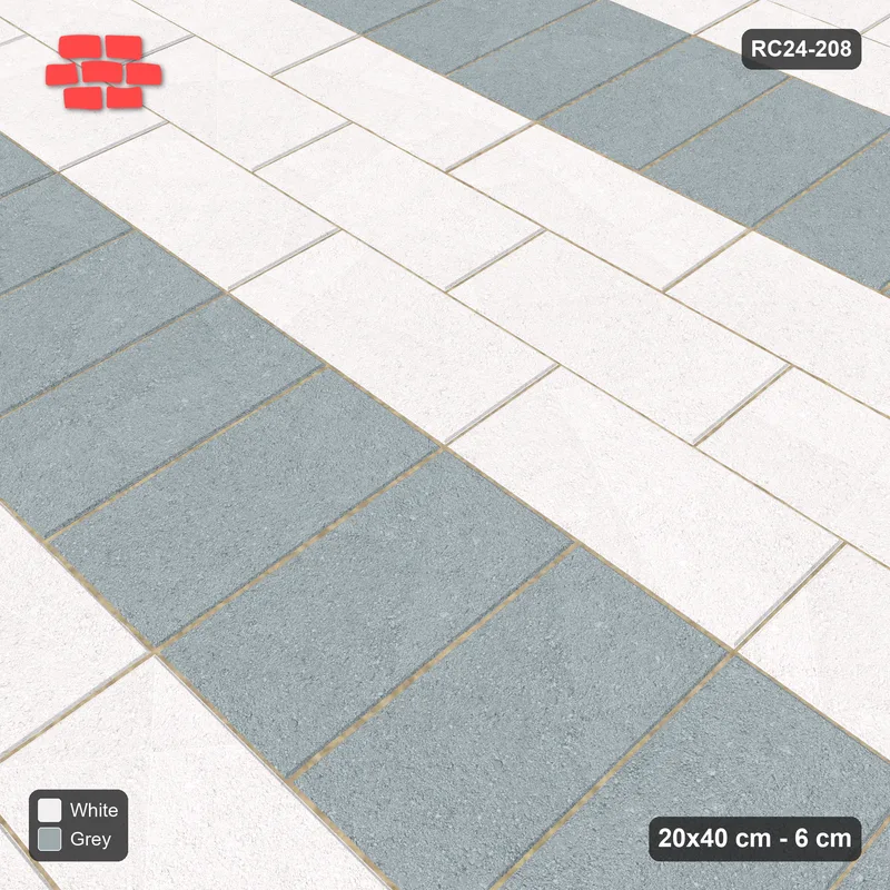 Interlock (Pasco) 20x40 cm · RC24-208 · Running bond 1/2 with soldier course every 3 courses - Salt & Pepper · Side view Interlock (Pasco) 20x40 cm · RC24-208 · Running bond 1/2 with soldier course every 3 courses - Salt & Pepper · Side view