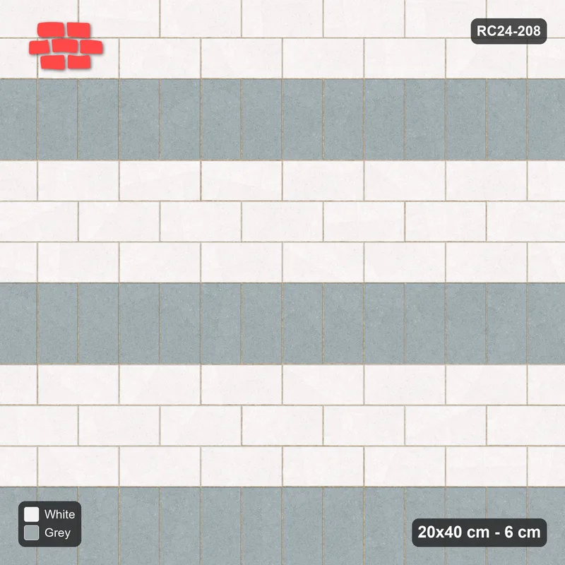 Interlock (Pasco) 20x40 cm · RC24-208 · Running bond 1/2 with soldier course every 3 courses - Salt & Pepper · Top view Interlock (Pasco) 20x40 cm · RC24-208 · Running bond 1/2 with soldier course every 3 courses - Salt & Pepper · Top view