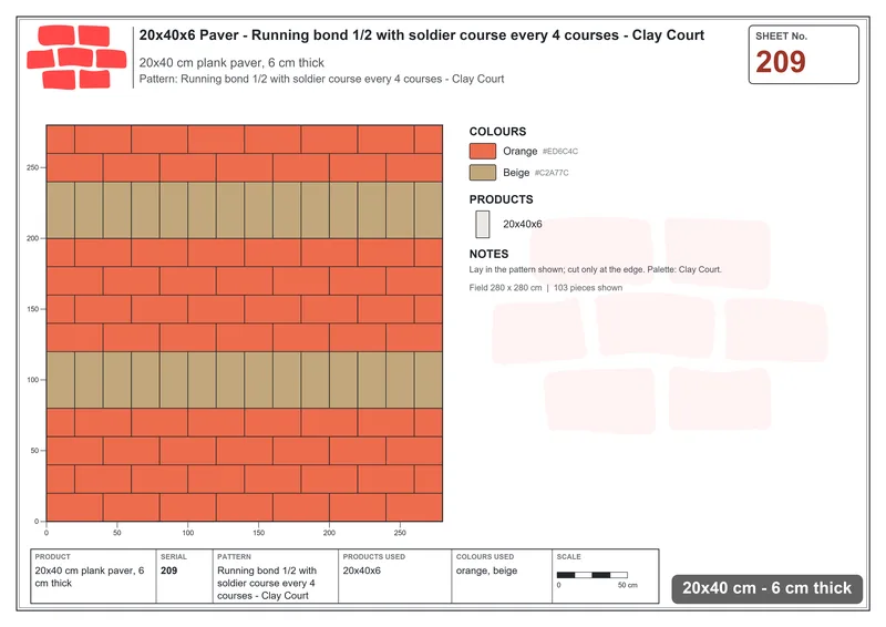 Interlock (Pasco) 20x40 cm · RC24-209 · Running bond 1/2 with soldier course every 4 courses - Clay Court · Laying plan Interlock (Pasco) 20x40 cm · RC24-209 · Running bond 1/2 with soldier course every 4 courses - Clay Court · Laying plan