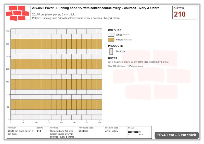 Interlock (Pasco) 20x40 cm · RC24-210 · Running bond 1/2 with soldier course every 2 courses - Ivory & Ochre · Laying plan Interlock (Pasco) 20x40 cm · RC24-210 · Running bond 1/2 with soldier course every 2 courses - Ivory & Ochre · Laying plan