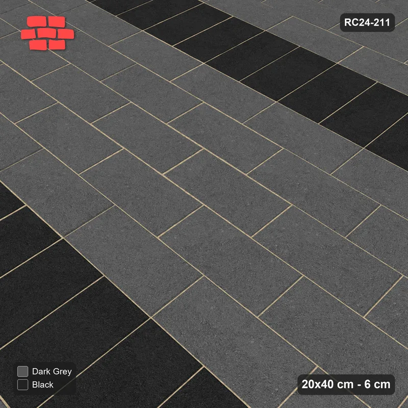 Interlock (Pasco) 20x40 cm · RC24-211 · Running bond 1/2 with soldier course every 5 courses - Night Sky · Side view Interlock (Pasco) 20x40 cm · RC24-211 · Running bond 1/2 with soldier course every 5 courses - Night Sky · Side view