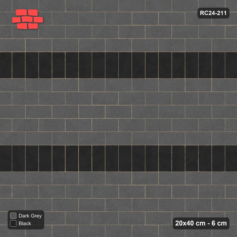 Interlock (Pasco) 20x40 cm · RC24-211 · Running bond 1/2 with soldier course every 5 courses - Night Sky · Top view Interlock (Pasco) 20x40 cm · RC24-211 · Running bond 1/2 with soldier course every 5 courses - Night Sky · Top view