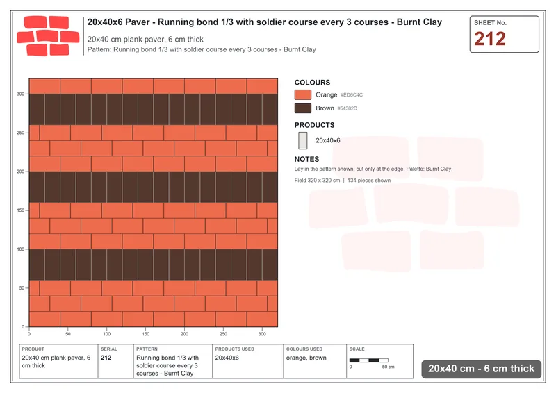 Interlock (Pasco) 20x40 cm · RC24-212 · Running bond 1/3 with soldier course every 3 courses - Burnt Clay · Laying plan Interlock (Pasco) 20x40 cm · RC24-212 · Running bond 1/3 with soldier course every 3 courses - Burnt Clay · Laying plan