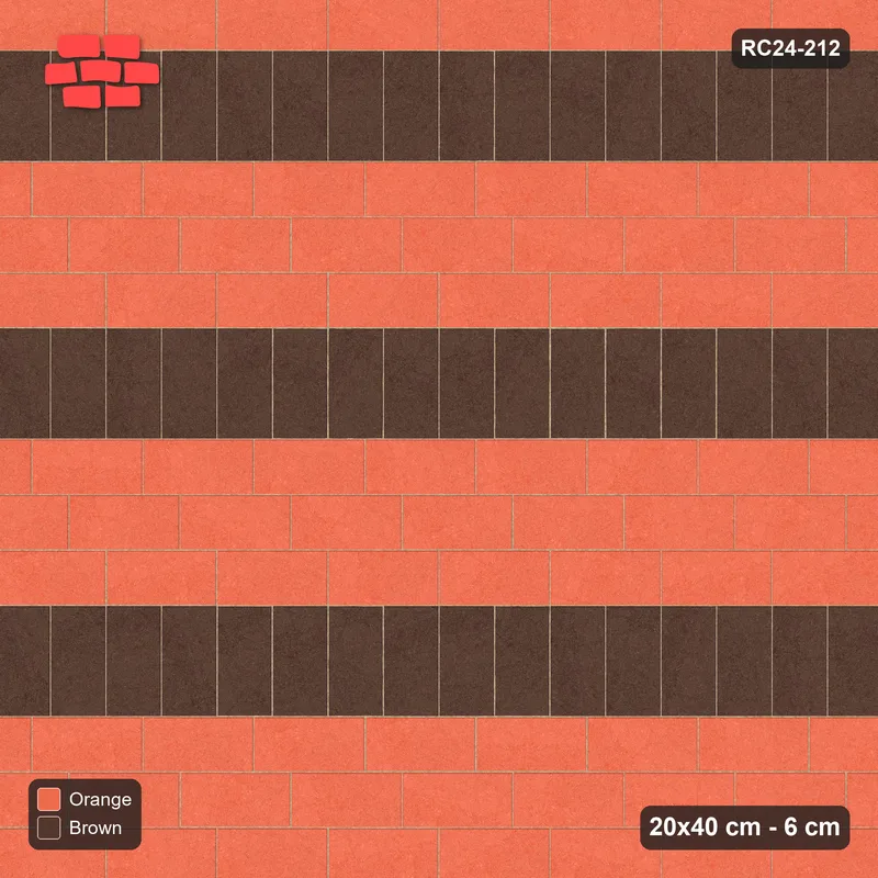 Interlock (Pasco) 20x40 cm · RC24-212 · Running bond 1/3 with soldier course every 3 courses - Burnt Clay · Top view Interlock (Pasco) 20x40 cm · RC24-212 · Running bond 1/3 with soldier course every 3 courses - Burnt Clay · Top view