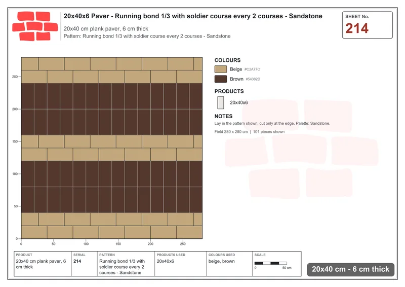 Interlock (Pasco) 20x40 cm · RC24-214 · Running bond 1/3 with soldier course every 2 courses - Sandstone · Laying plan Interlock (Pasco) 20x40 cm · RC24-214 · Running bond 1/3 with soldier course every 2 courses - Sandstone · Laying plan