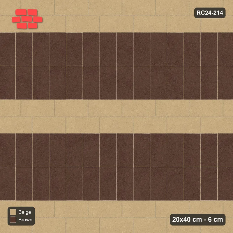 Interlock (Pasco) 20x40 cm · RC24-214 · Running bond 1/3 with soldier course every 2 courses - Sandstone · Top view Interlock (Pasco) 20x40 cm · RC24-214 · Running bond 1/3 with soldier course every 2 courses - Sandstone · Top view
