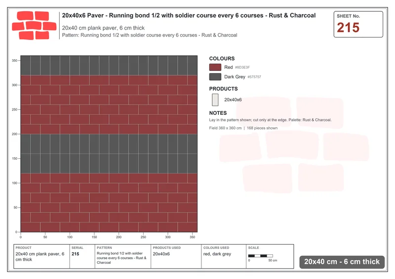 Interlock (Pasco) 20x40 cm · RC24-215 · Running bond 1/2 with soldier course every 6 courses - Rust & Charcoal · Laying plan Interlock (Pasco) 20x40 cm · RC24-215 · Running bond 1/2 with soldier course every 6 courses - Rust & Charcoal · Laying plan