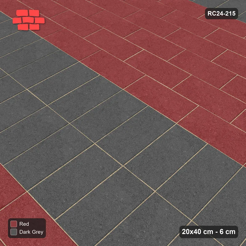 Interlock (Pasco) 20x40 cm · RC24-215 · Running bond 1/2 with soldier course every 6 courses - Rust & Charcoal · Side view Interlock (Pasco) 20x40 cm · RC24-215 · Running bond 1/2 with soldier course every 6 courses - Rust & Charcoal · Side view