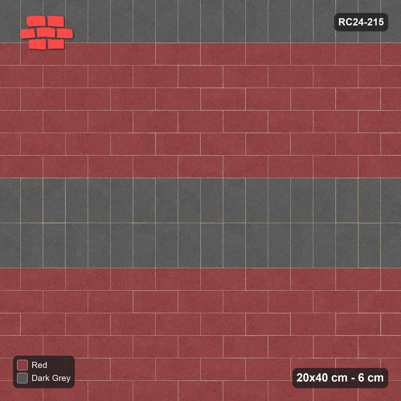 Interlock (Pasco) 20x40 cm · RC24-215 · Running bond 1/2 with soldier course every 6 courses - Rust & Charcoal · Top view Interlock (Pasco) 20x40 cm · RC24-215 · Running bond 1/2 with soldier course every 6 courses - Rust & Charcoal · Top view