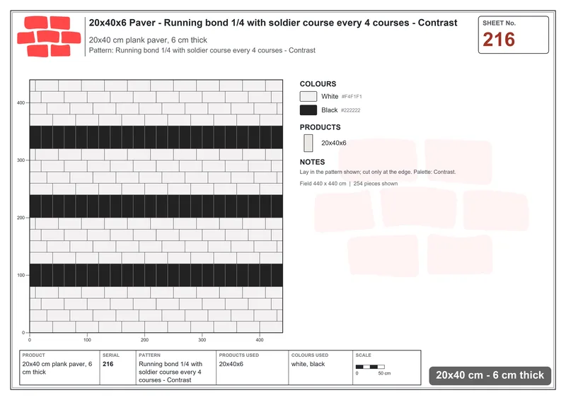Interlock (Pasco) 20x40 cm · RC24-216 · Running bond 1/4 with soldier course every 4 courses - Contrast · Laying plan Interlock (Pasco) 20x40 cm · RC24-216 · Running bond 1/4 with soldier course every 4 courses - Contrast · Laying plan