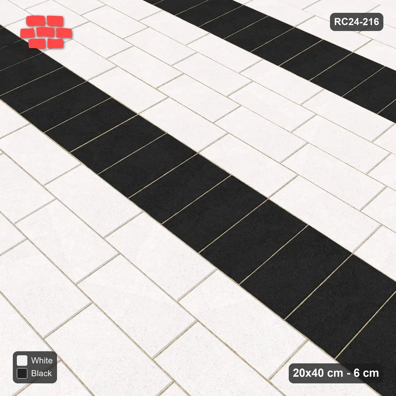 Interlock (Pasco) 20x40 cm · RC24-216 · Running bond 1/4 with soldier course every 4 courses - Contrast · Side view Interlock (Pasco) 20x40 cm · RC24-216 · Running bond 1/4 with soldier course every 4 courses - Contrast · Side view