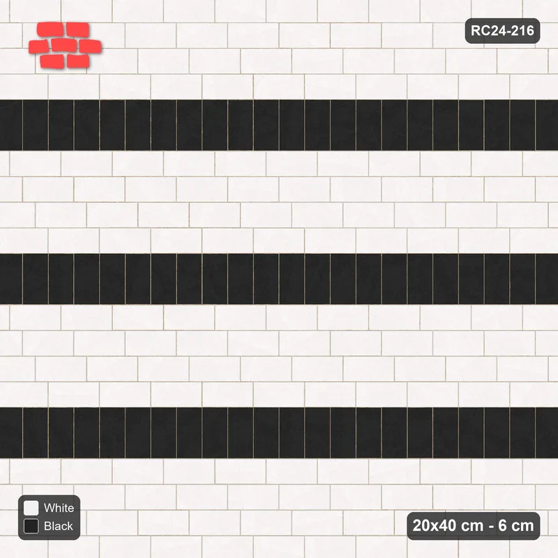 Interlock (Pasco) 20x40 cm · RC24-216 · Running bond 1/4 with soldier course every 4 courses - Contrast · Top view Interlock (Pasco) 20x40 cm · RC24-216 · Running bond 1/4 with soldier course every 4 courses - Contrast · Top view