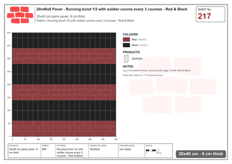 Interlock (Pasco) 20x40 cm · RC24-217 · Running bond 1/2 with soldier course every 3 courses - Red & Black · Laying plan Interlock (Pasco) 20x40 cm · RC24-217 · Running bond 1/2 with soldier course every 3 courses - Red & Black · Laying plan