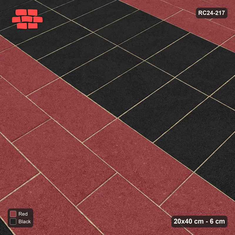 Interlock (Pasco) 20x40 cm · RC24-217 · Running bond 1/2 with soldier course every 3 courses - Red & Black · Side view Interlock (Pasco) 20x40 cm · RC24-217 · Running bond 1/2 with soldier course every 3 courses - Red & Black · Side view