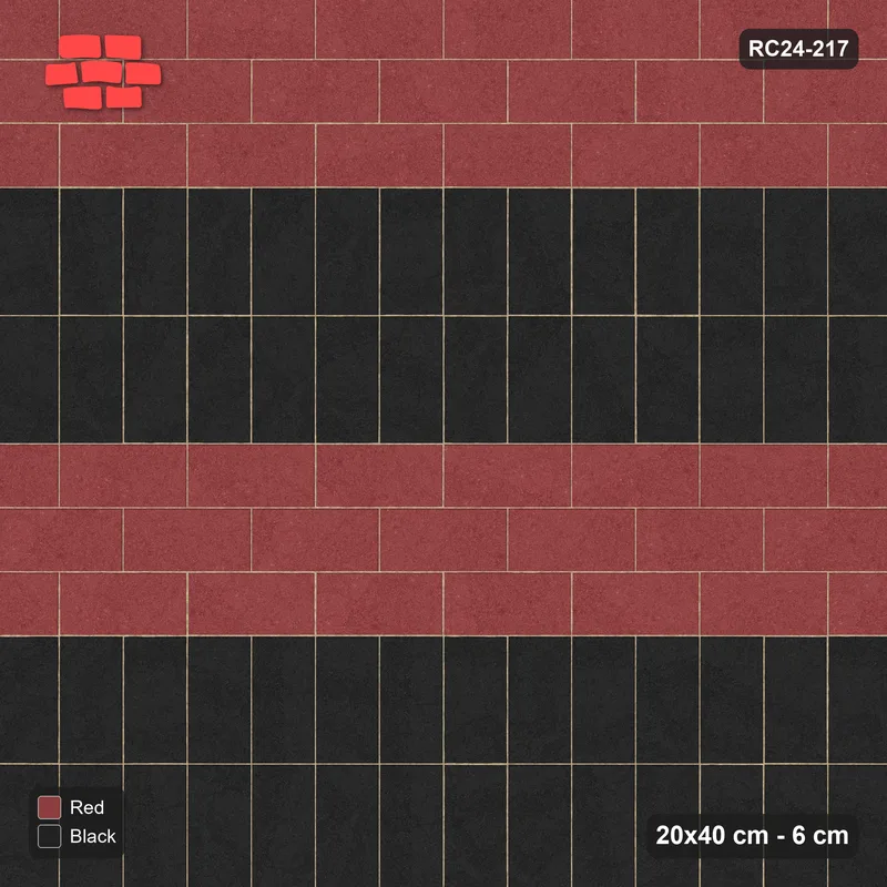 Interlock (Pasco) 20x40 cm · RC24-217 · Running bond 1/2 with soldier course every 3 courses - Red & Black · Top view Interlock (Pasco) 20x40 cm · RC24-217 · Running bond 1/2 with soldier course every 3 courses - Red & Black · Top view