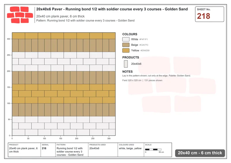 Interlock (Pasco) 20x40 cm · RC24-218 · Running bond 1/2 with soldier course every 3 courses - Golden Sand · Laying plan Interlock (Pasco) 20x40 cm · RC24-218 · Running bond 1/2 with soldier course every 3 courses - Golden Sand · Laying plan