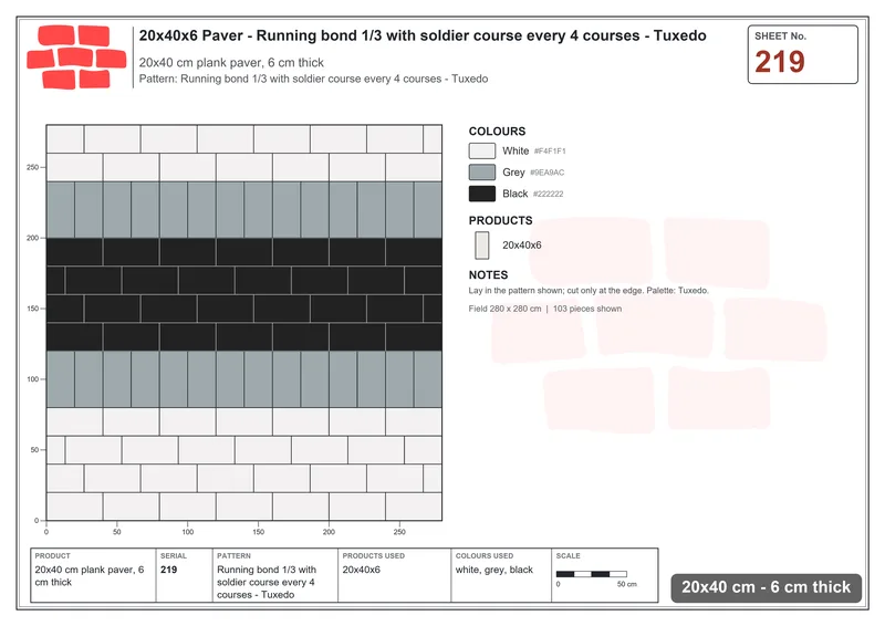 Interlock (Pasco) 20x40 cm · RC24-219 · Running bond 1/3 with soldier course every 4 courses - Tuxedo · Laying plan Interlock (Pasco) 20x40 cm · RC24-219 · Running bond 1/3 with soldier course every 4 courses - Tuxedo · Laying plan