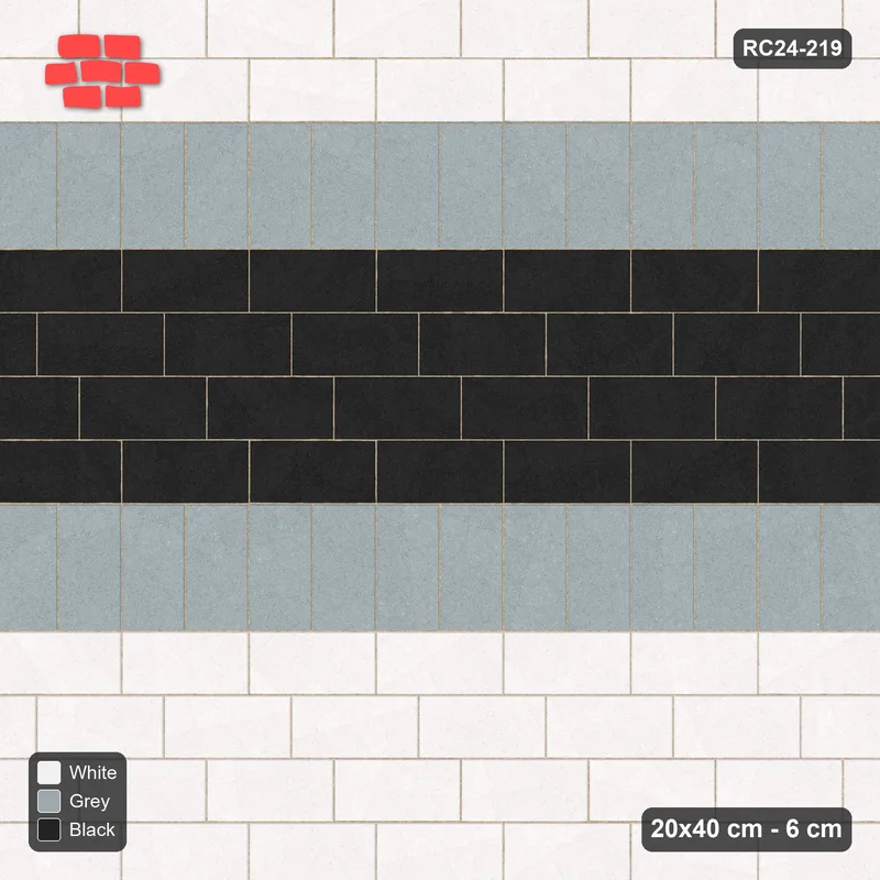 Interlock (Pasco) 20x40 cm · RC24-219 · Running bond 1/3 with soldier course every 4 courses - Tuxedo · Top view Interlock (Pasco) 20x40 cm · RC24-219 · Running bond 1/3 with soldier course every 4 courses - Tuxedo · Top view